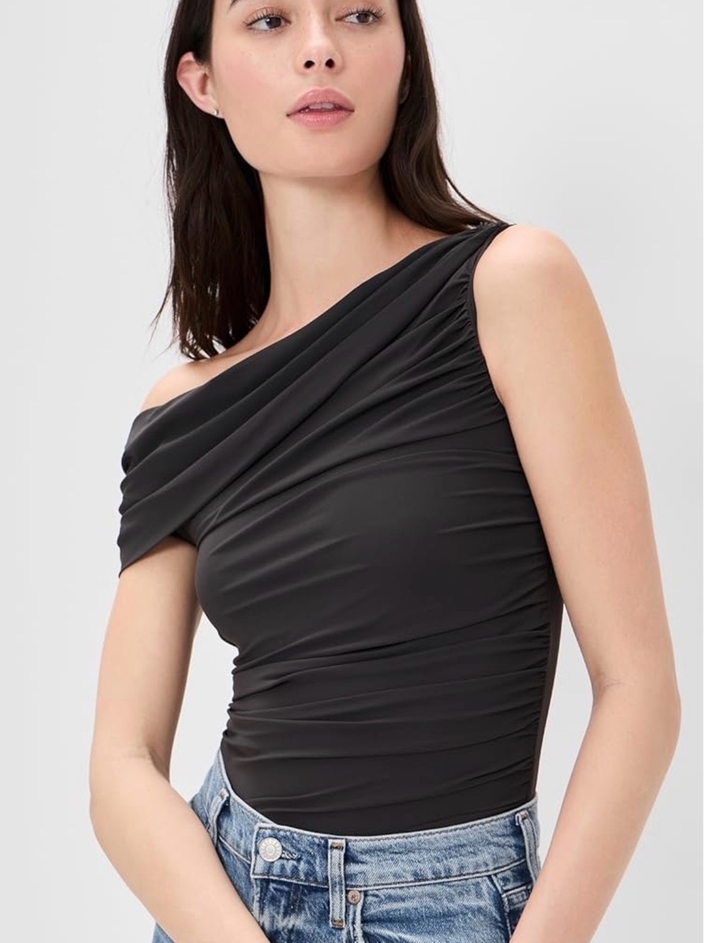 Agolde One-Shoulder Black Ruched Bodysuit